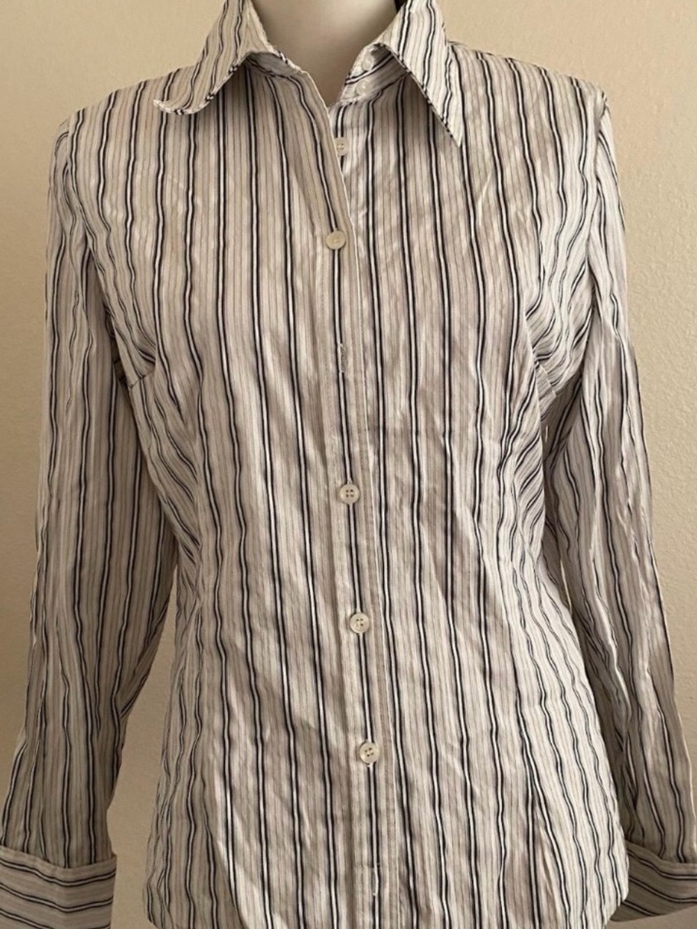 New York & Company Cream Shirt with Black Stripes